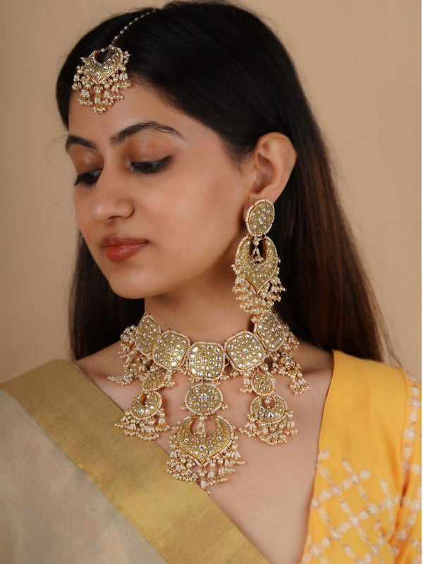 TJ-S45 - White Color Gold Plated Thappa Jadau Kundan Bridal Necklace Set