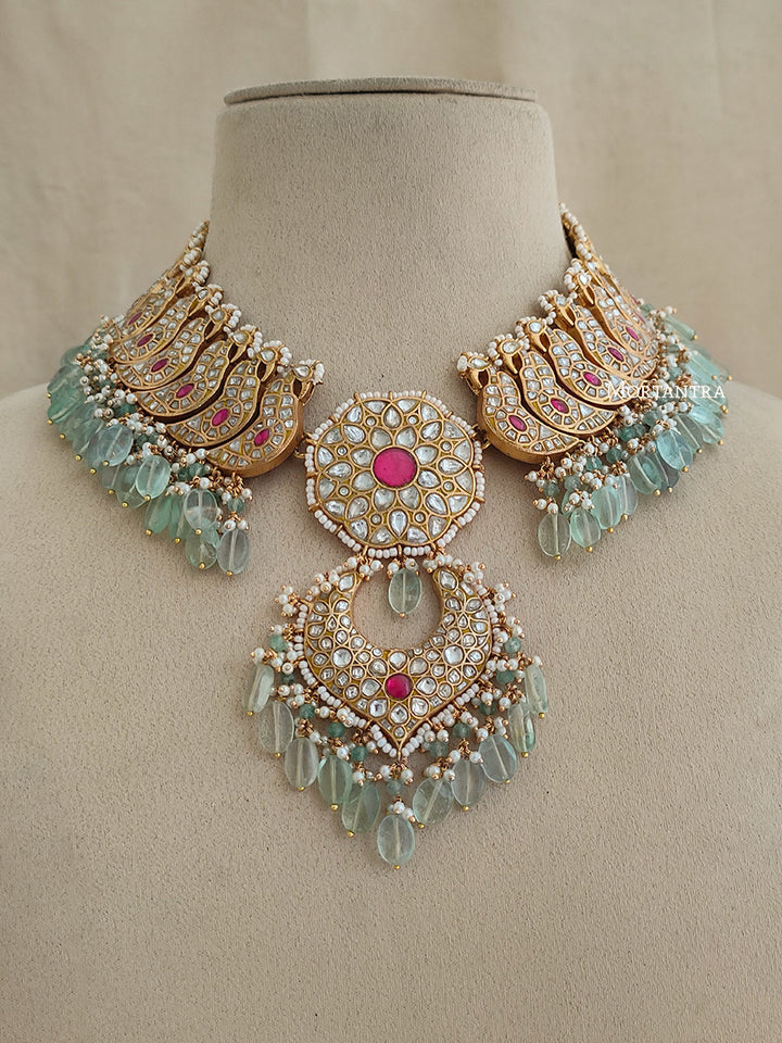 TJ-S47WP - Multicolor Bridal Thappa Jadau Kundan Medium Necklace Set