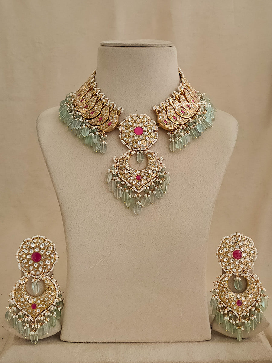 TJ-S47WP - Multicolor Bridal Thappa Jadau Kundan Medium Necklace Set