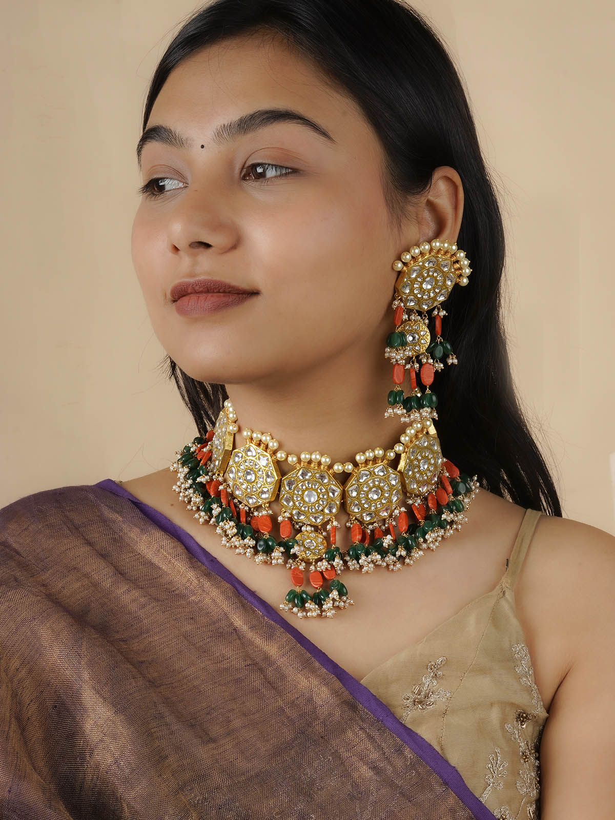 TJ-S4 - Multicolor Gold Plated Thappa Jadau Kundan Necklace Set