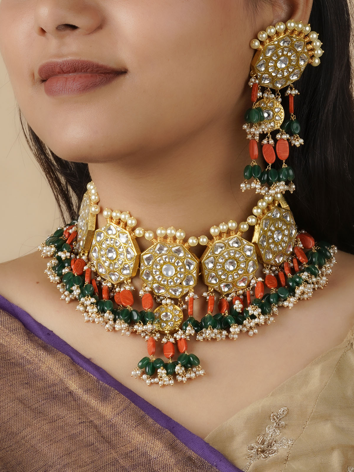 TJ-S4 - Multicolor Gold Plated Thappa Jadau Kundan Necklace Set