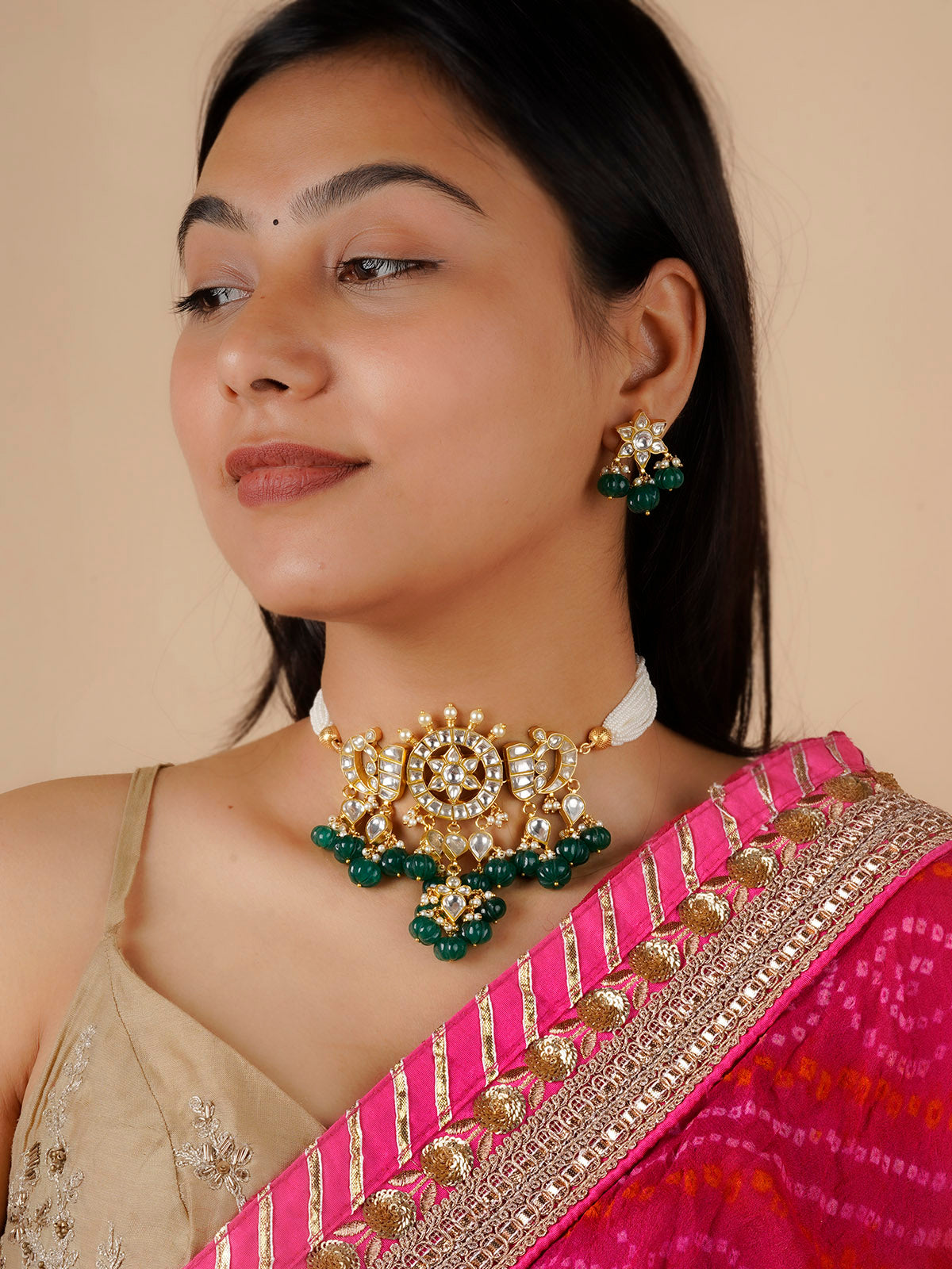 TJ-S56 - Green Color Gold Plated Thappa Jadau Kundan Necklace Set