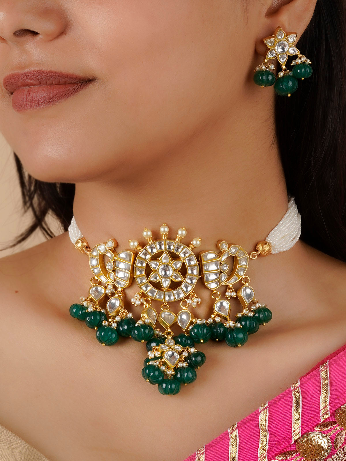TJ-S56 - Green Color Gold Plated Thappa Jadau Kundan Necklace Set