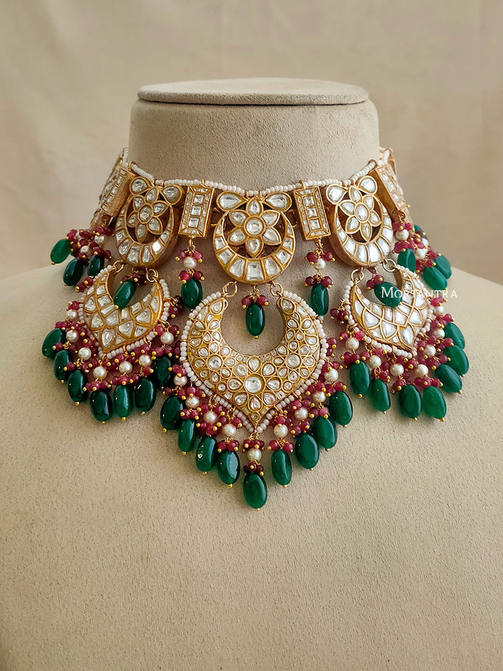 TJ-S59 - Multicolor Bridal Thappa Jadau Kundan Medium Necklace Set