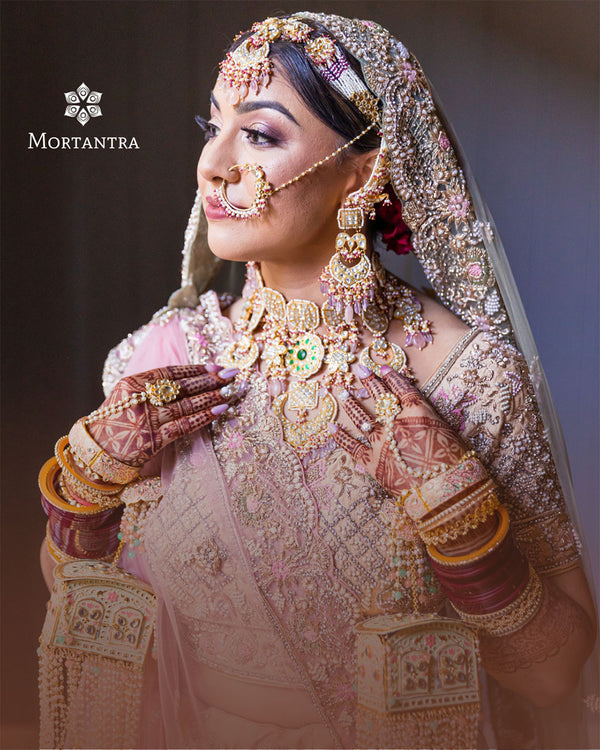 TJ-S5WGRA - Green Color Gold Plated Thappa Jadau Kundan Bridal Necklace Set