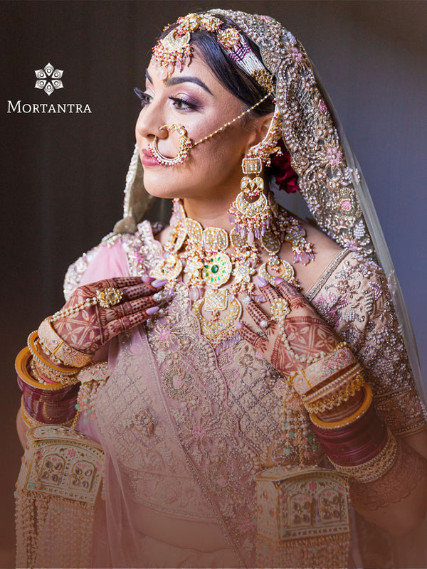 TJ-S5WGRA - Green Color Gold Plated Thappa Jadau Kundan Bridal Necklace Set - MTO