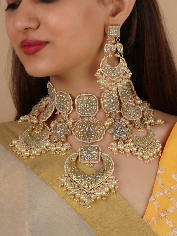 TJ-S5W - White Color Gold Plated Thappa Jadau Kundan Bridal Necklace Set