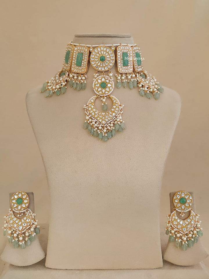 TJ-S60WLGR - Green Color Bridal Thappa Jadau Kundan Medium Necklace Set