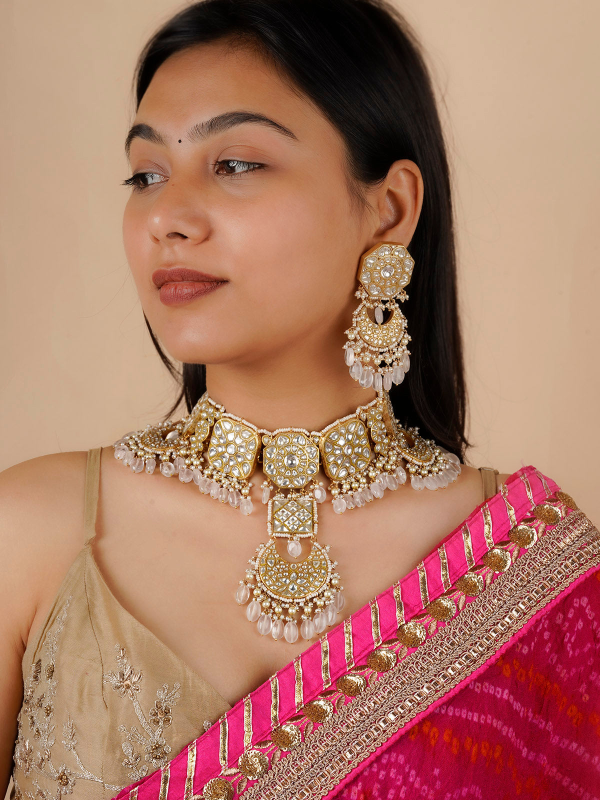 TJ-S61 - White Color Gold Plated Thappa Jadau Kundan Bridal Necklace Set