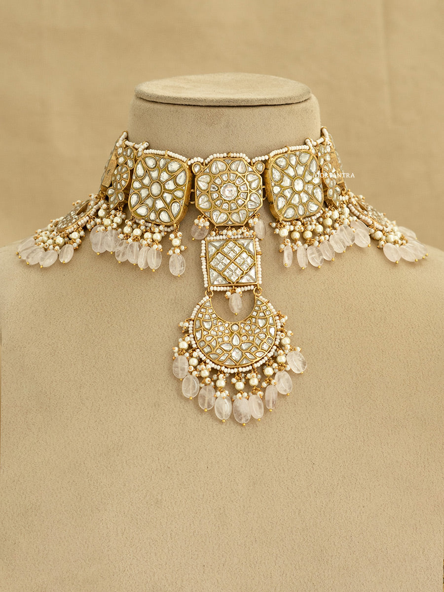 TJ-S61 - White Color Bridal Thappa Jadau Kundan Medium Choker Necklace Set