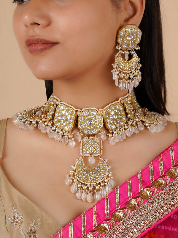 TJ-S61 - White Color Gold Plated Thappa Jadau Kundan Bridal Necklace Set