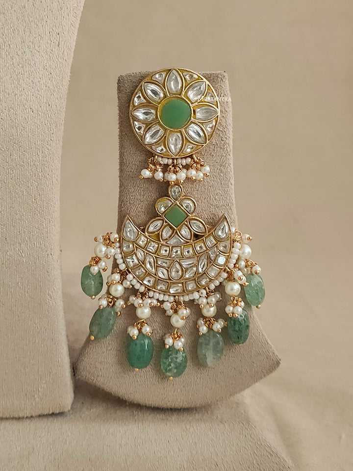 TJ-S64WLGR - Green Color Bridal Thappa Jadau Kundan Medium Necklace Set