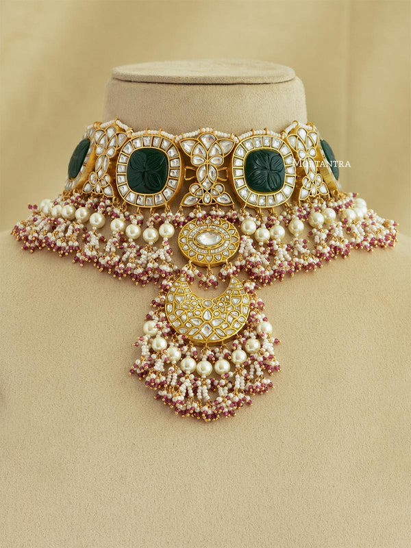 TJ-S66WGR - Multicolor Bridal Thappa Jadau Kundan Choker Necklace Set