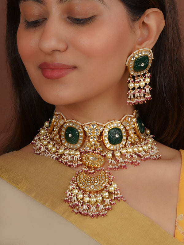 Green Color Gold Plated Thappa Jadau Kundan Bridal Necklace Set - TJ-S66WGR