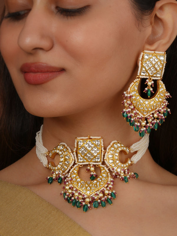 Multicolor Gold Plated Thappa Jadau Kundan Necklace Set - TJ-S6A