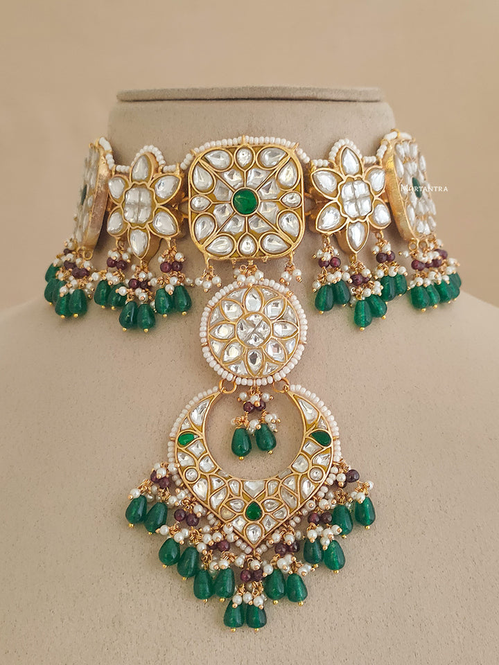 TJ-S70WGR - Green Color Bridal Thappa Jadau Kundan Choker Necklace Set