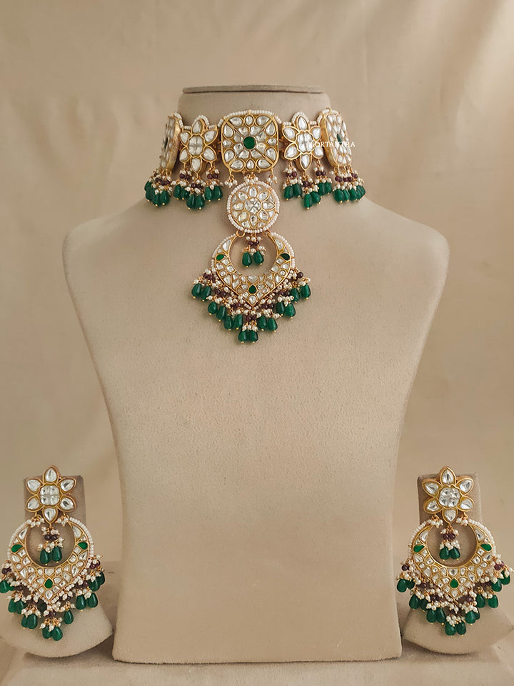 TJ-S70WGR - Green Color Bridal Thappa Jadau Kundan Choker Necklace Set