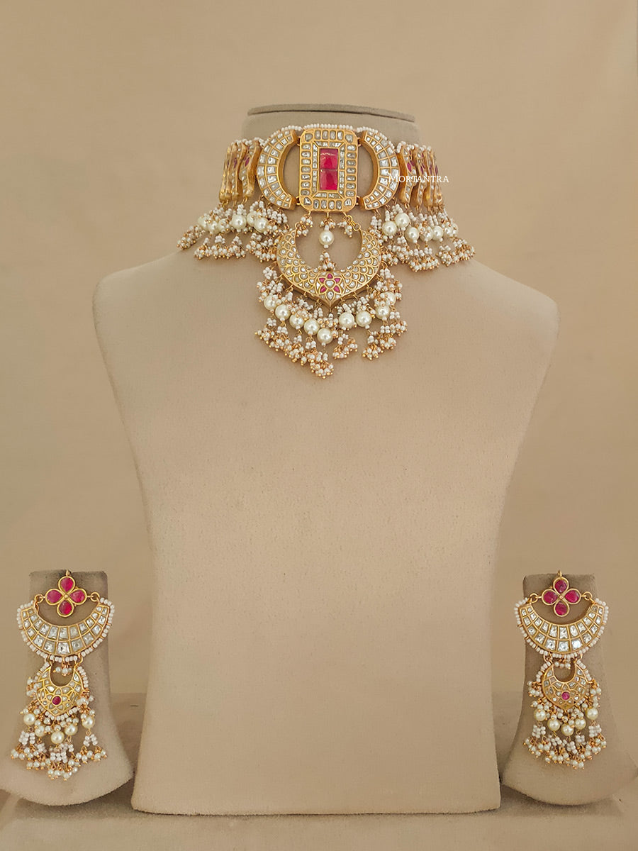 TJ-S77WP - Pink Color Bridal Thappa Jadau Kundan Medium Choker Necklace Set