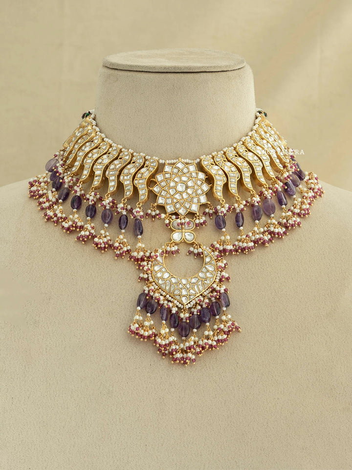 TJ-S78 - Multicolor Bridal Thappa Jadau Kundan Medium Necklace Set