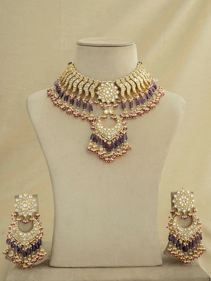 TJ-S78 - Multicolor Bridal Thappa Jadau Kundan Medium Necklace Set