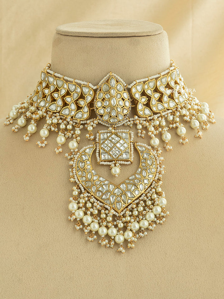 TJ-S79 - White Color Bridal Thappa Jadau Kundan Medium Necklace Set