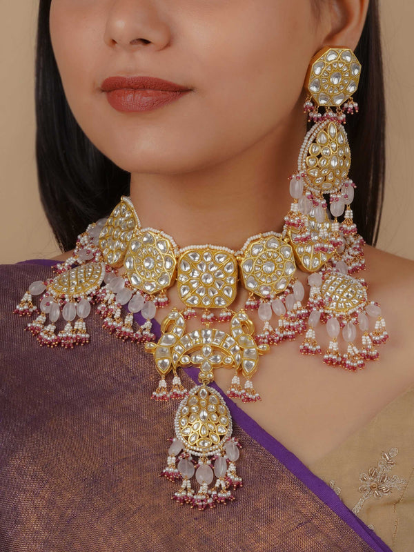 TJ-S80 -  White Color Gold Plated Thappa Jadau Kundan Bridal Necklace Set