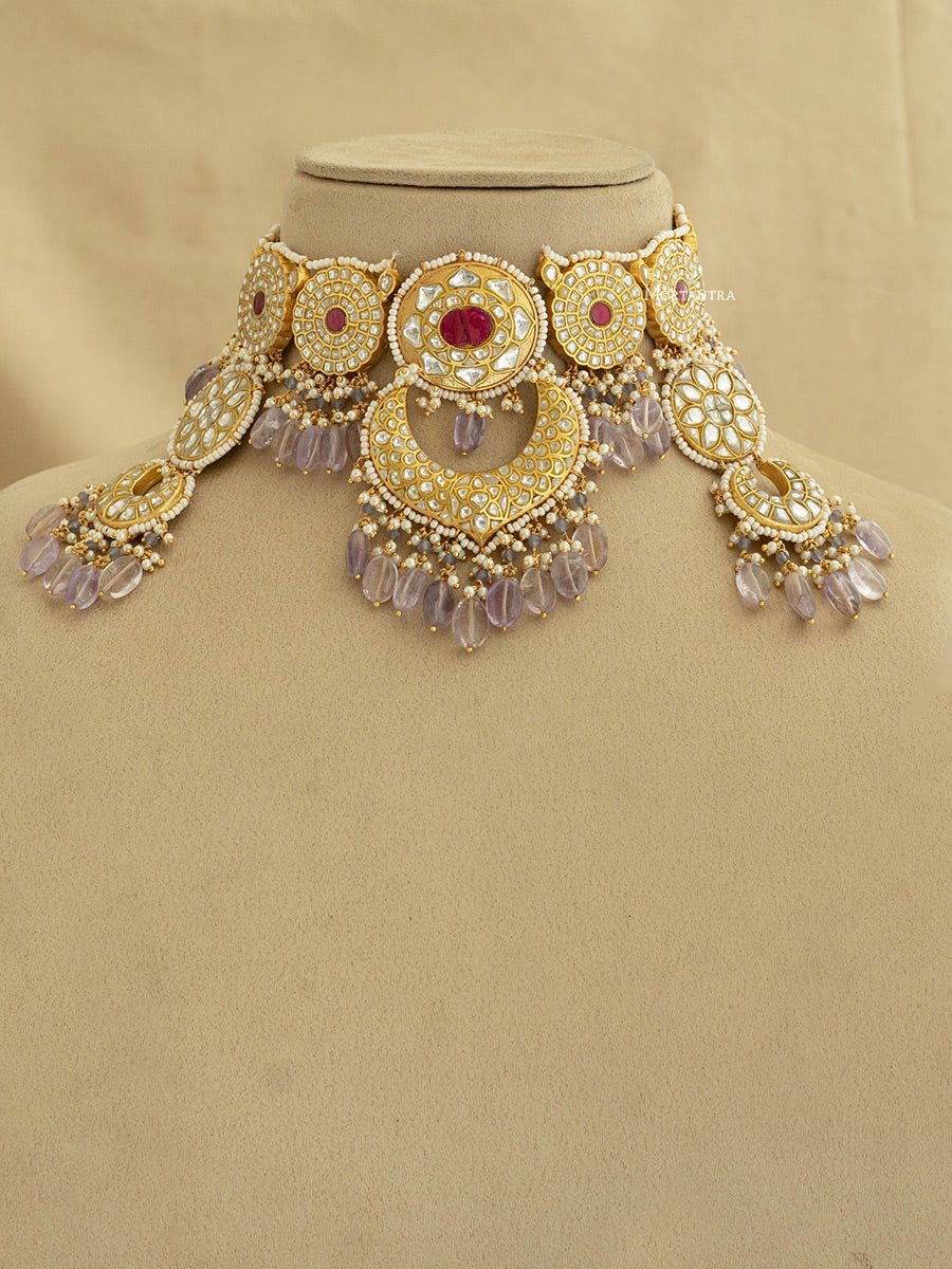 TJ-S85WP - Multicolor Gold Plated Bridal Thappa Jadau Kundan Medium Necklace Set
