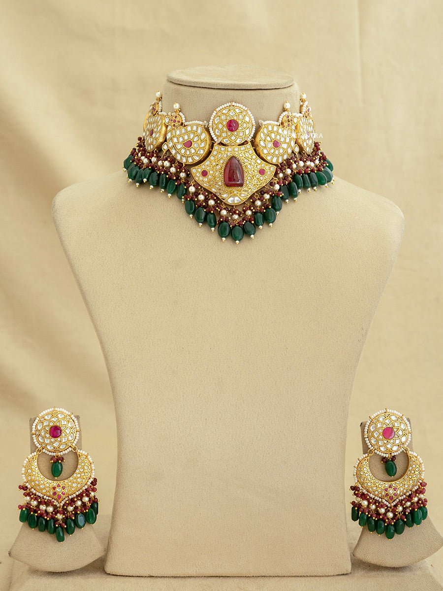 TJ-S86WP - Multicolor Bridal Thappa Jadau Kundan Medium Necklace Set