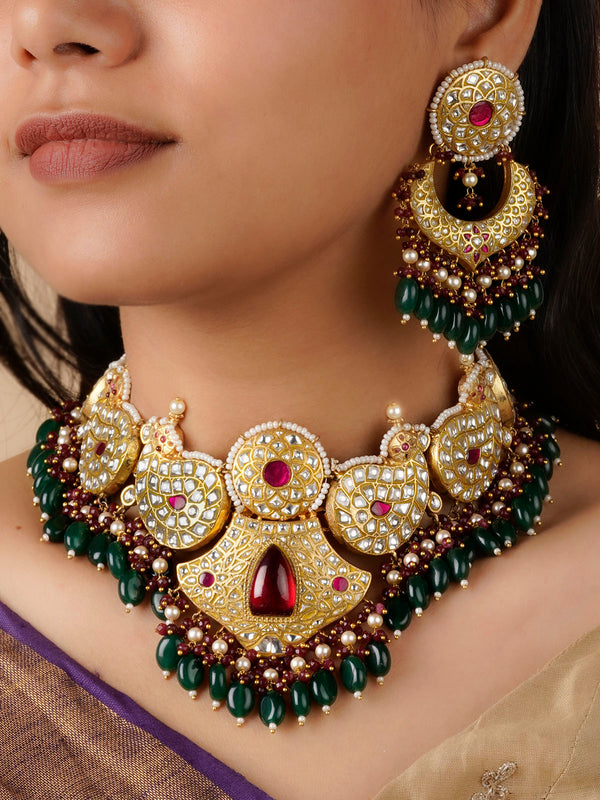 TJ-S86WP - Pink Color Gold Plated Thappa Jadau Kundan Bridal Necklace Set