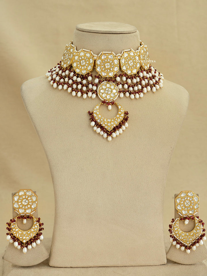 TJ-S87 - Maroon Color Bridal Thappa Jadau Kundan Medium Necklace Set