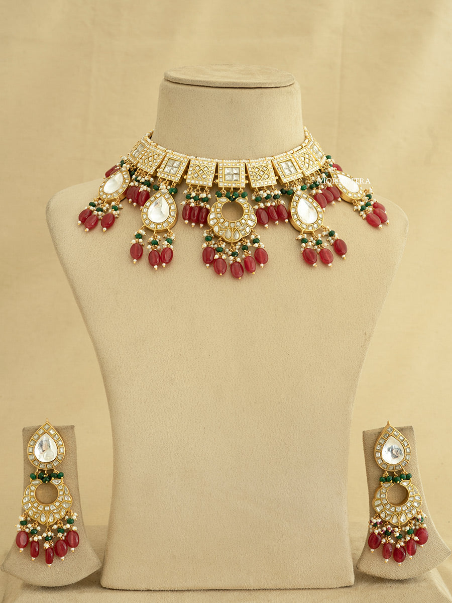 TJ-S88 - Multicolor Bridal Thappa Jadau Kundan Medium Necklace Set