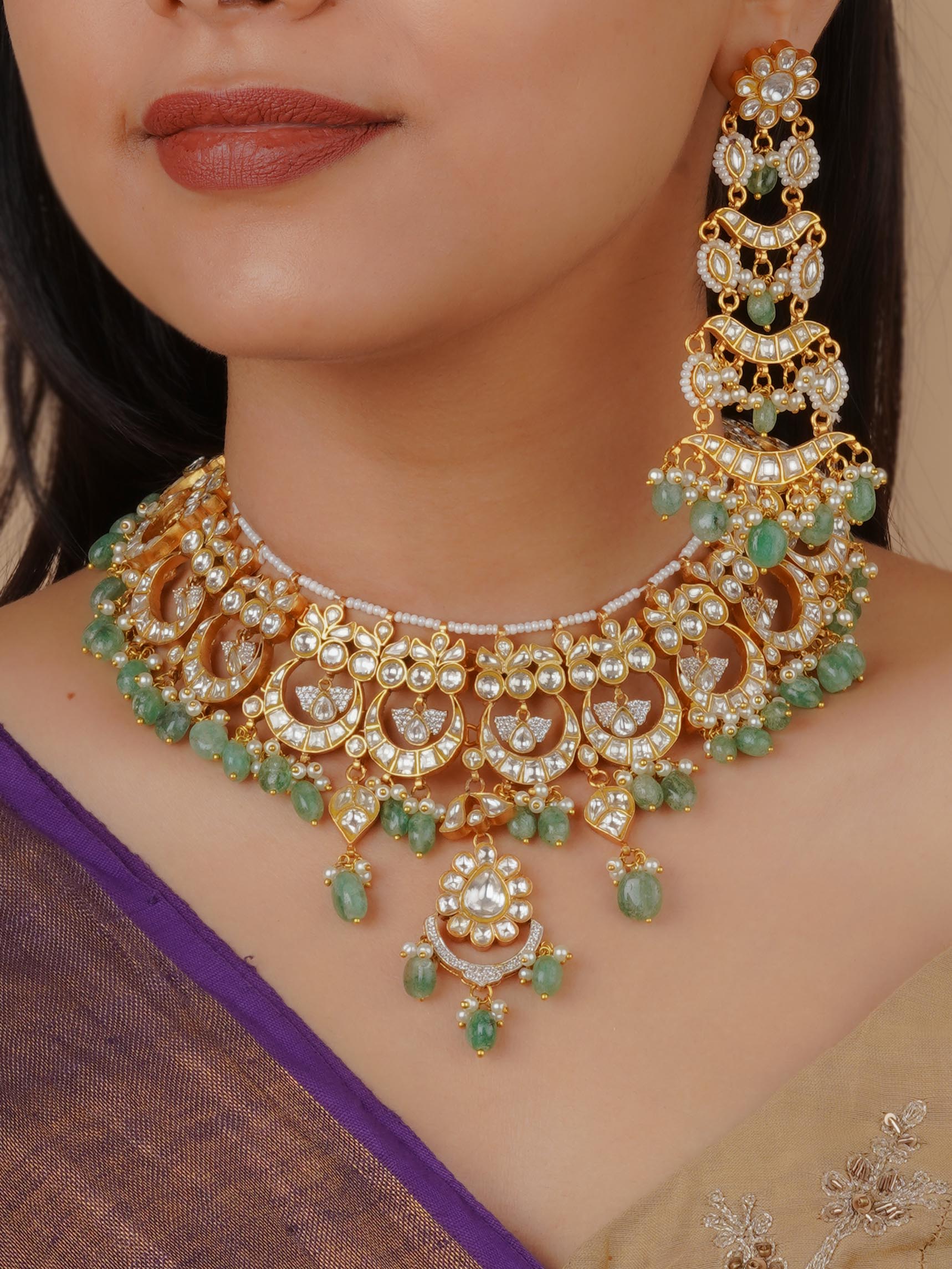 TJ-S90 - White Color Gold Plated Thappa Jadau Kundan Bridal Necklace Set