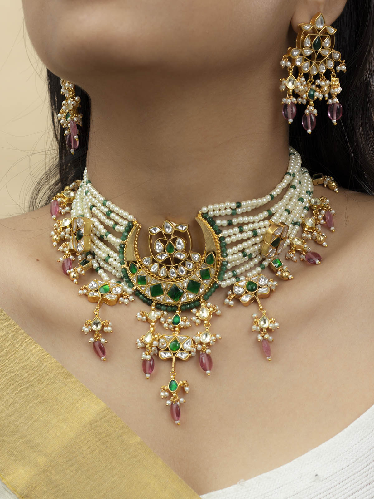 TJ-S95WGR - Multicolor Thappa Jadau Choker Kundan Necklace Set