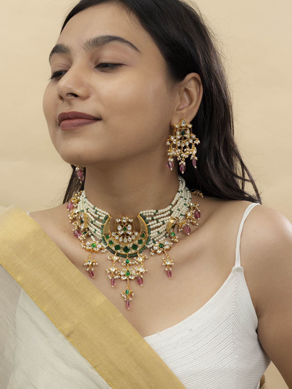 TJ-S95WGR - Multicolor Thappa Jadau Choker Kundan Necklace Set