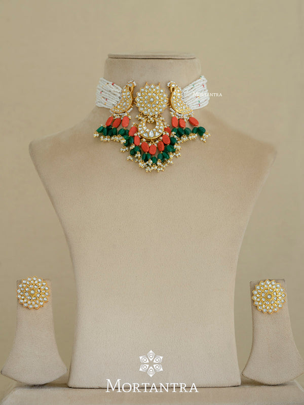TJ-S97 - Multicolor Thappa Jadau Kundan Choker Necklace Set
