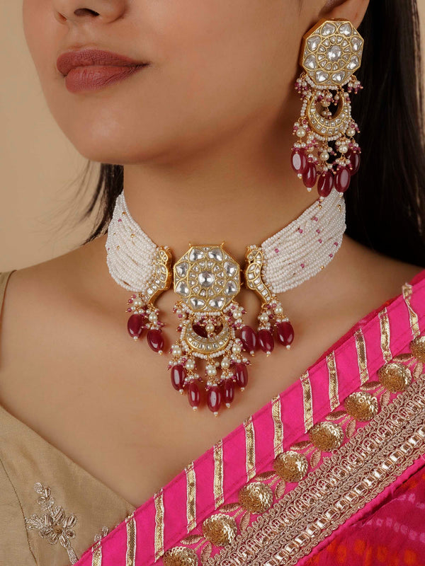 TJ-S98A - Pink Color Gold Plated Thappa Jadau Kundan Necklace Set