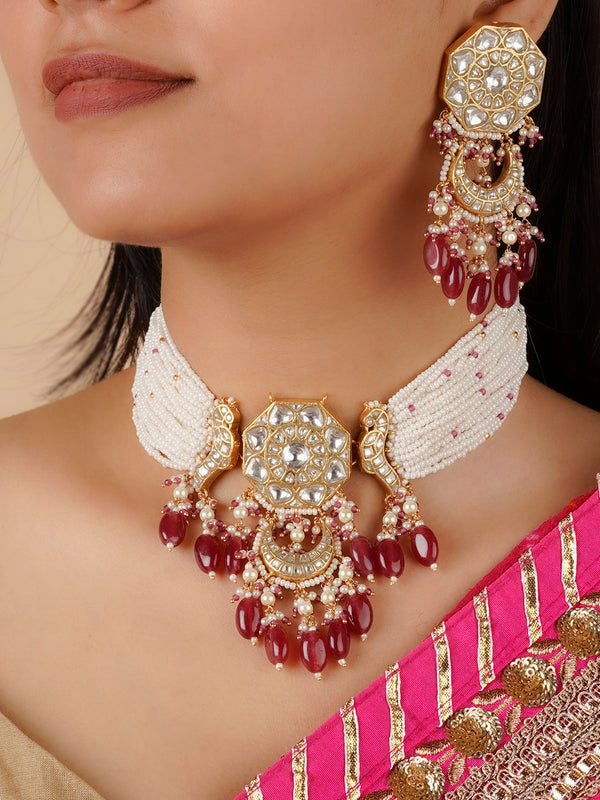 TJ-S98 - Pink Color Gold Plated Thappa Jadau Kundan Necklace Set