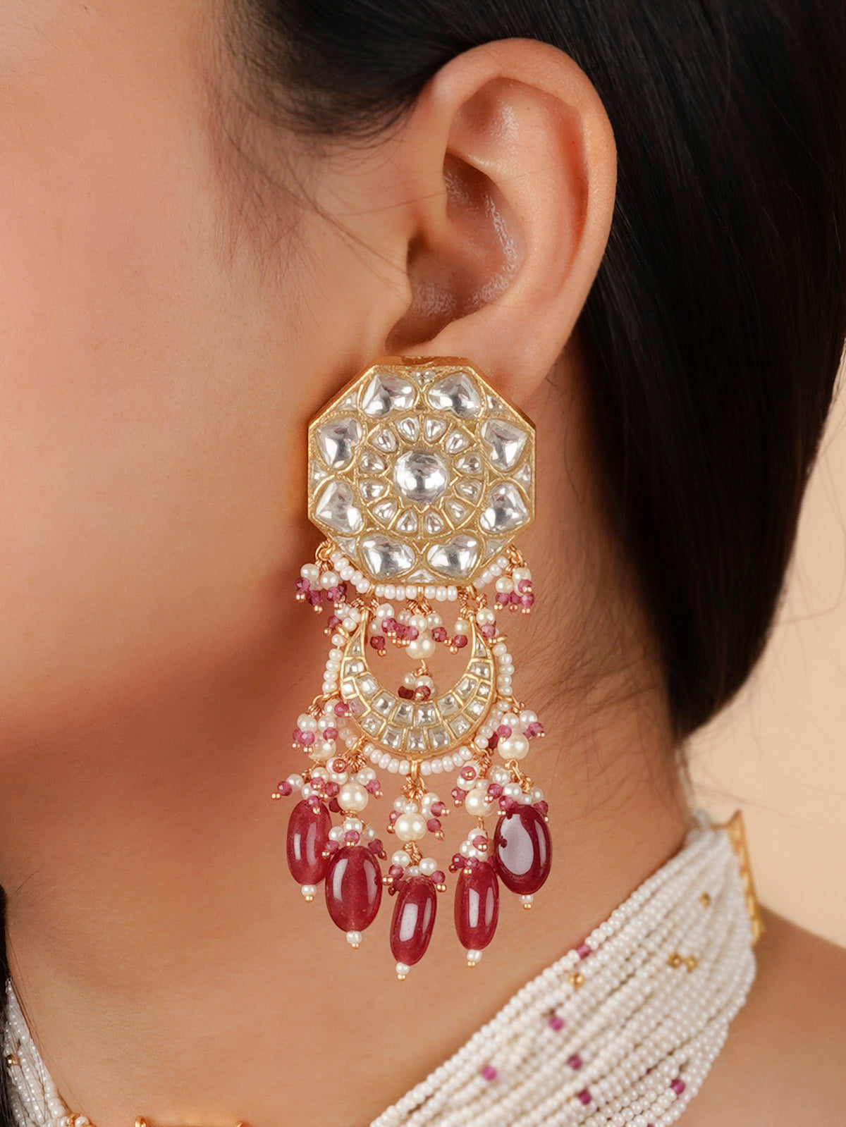 TJ-S98 - Pink Color Gold Plated Thappa Jadau Kundan Necklace Set