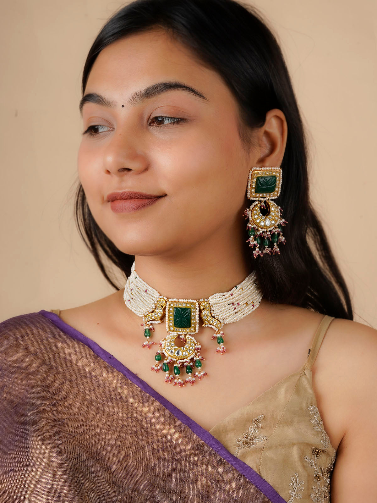 TJ-S99WGR - Green Color Gold Plated Thappa Jadau Kundan Necklace Set