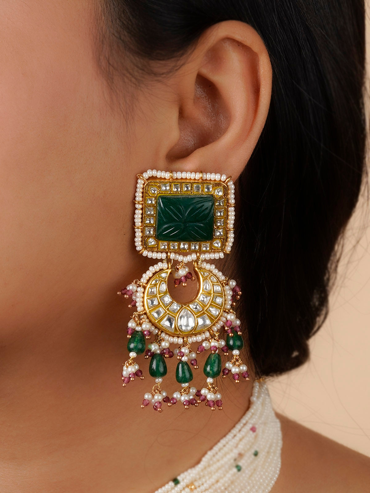 TJ-S99WGR - Green Color Gold Plated Thappa Jadau Kundan Necklace Set