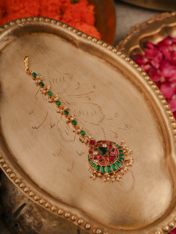 Multicolor Gold Plated Thappa Jadau Kundan Maangteeka - TJ-T15M