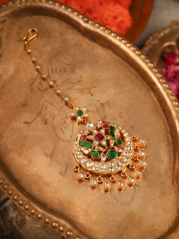 Multicolor Gold Plated Thappa Jadau Kundan Maangteeka - TJ-T22M