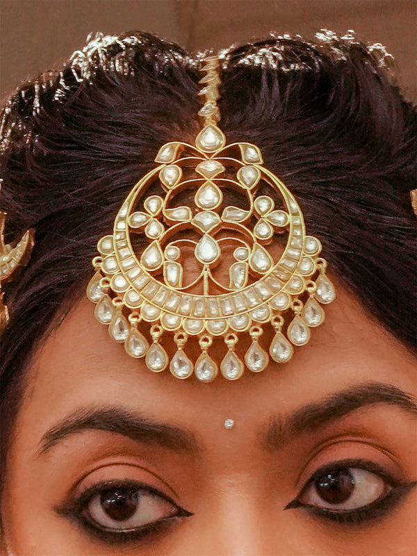 White Color Gold Plated Thappa Jadau Kundan Maangteeka - TJ-T24