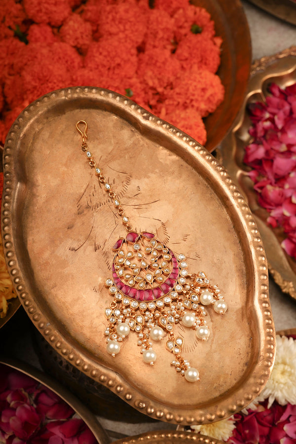 Pink Color Gold Plated Thappa Jadau Kundan Maangteeka - TJ-T25WP