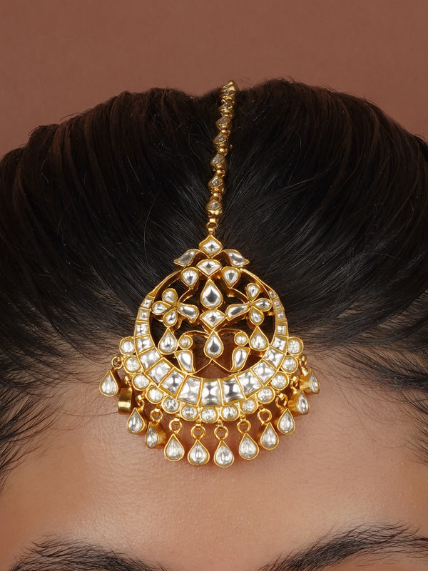 White Color Gold Plated Thappa Jadau Kundan Maangteeka - TJ-T26