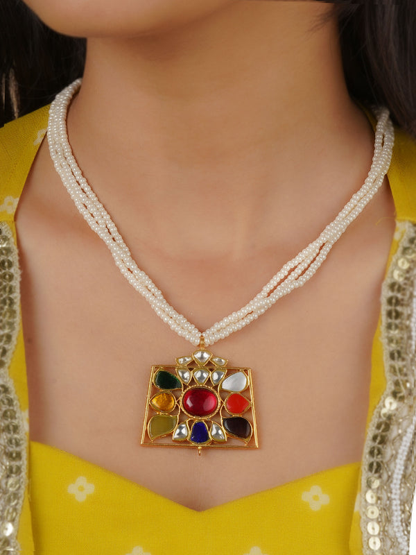 Navratna Gold Plated Jadau Kundan Necklace - TK-N37N
