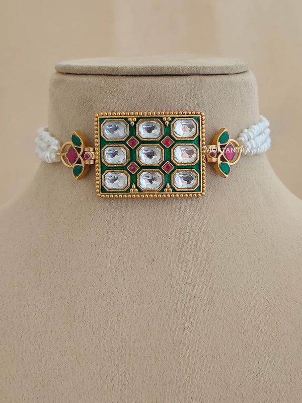 Multicolor Gold Plated Jadau Kundan Necklace - TK-N39M