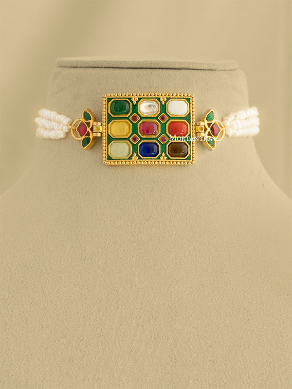 TK-N39N - Multicolor Navratna Jadau Kundan Choker Necklace