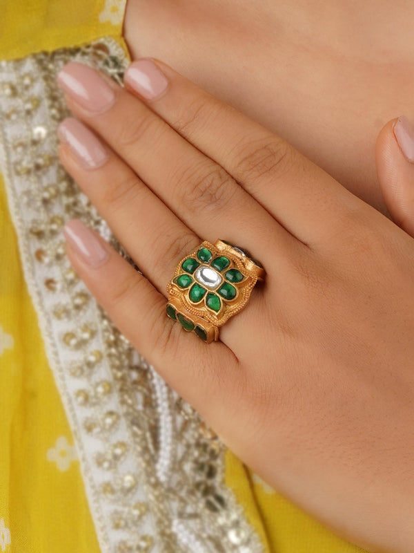Green Color Gold Plated Jadau Kundan Ring - TK-RNG24GR