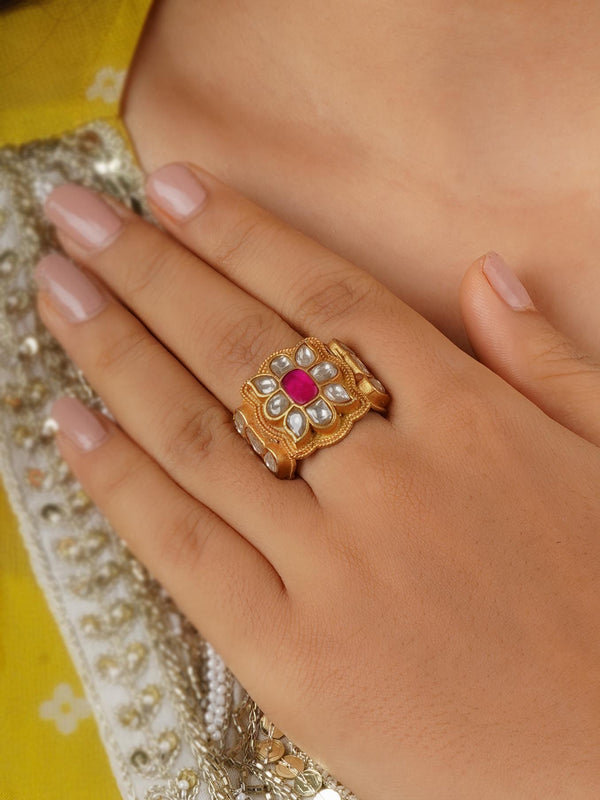 Pink Color Gold Plated Jadau Kundan Ring - TK-RNG24WP